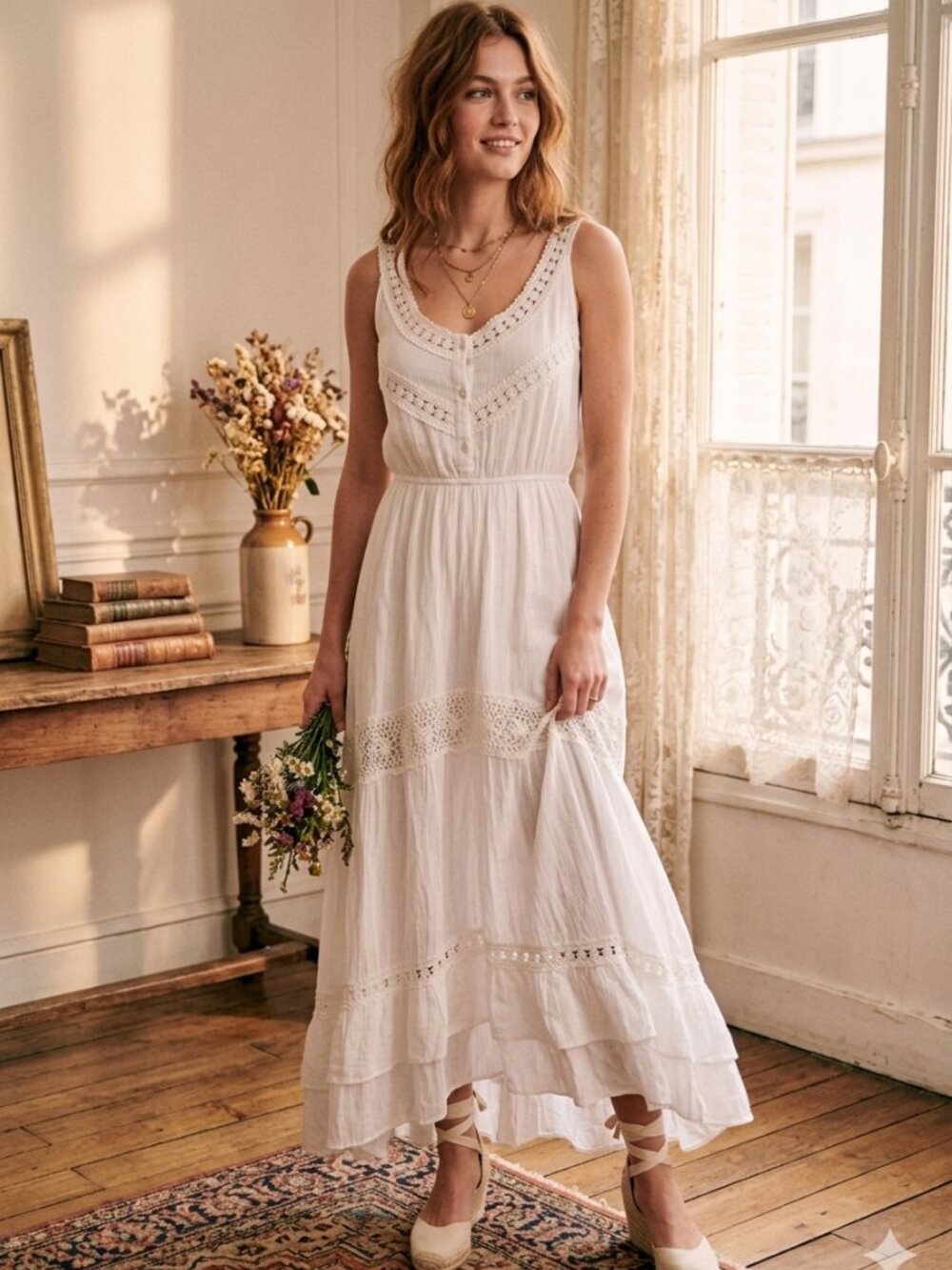 White Maxi Dress Button Front Crochet Boho Country Coastal Cottagecore Size M
